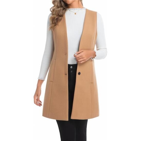 Women's Long Plaid Vest Fall Winter Trench Coat Sleeveless Blazer Jacket - Picture 3 of 5